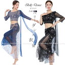 ベリーダンス 衣装 セット レッスン着 ラメセットアップ ヒップスカーフ スカート ストレッチ メッシュ トップス スパンコール キラキラ おしゃれ ダンス衣装...