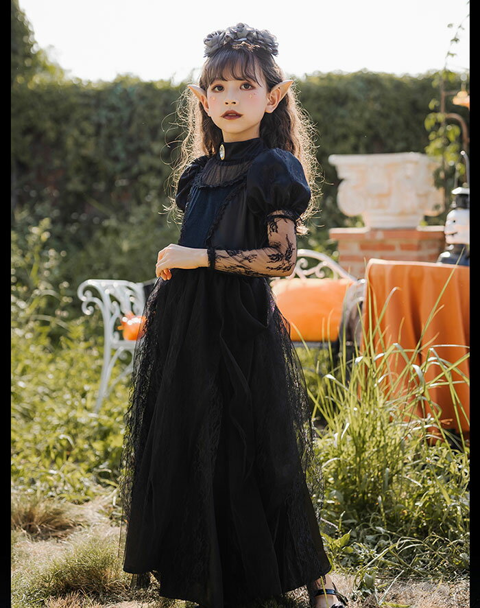 ハロウィン コスプレ 子供 ウィッチ 仮装 衣装 子供 可愛い 花嫁 巫女 魔女 コスチューム ハロウィンコスプレ 魔法少女 女の子 ハロウィン仮装 コスプレ衣装 デビル ゾンビ 吸血鬼 悪魔 ハロウィン衣装 110cm 150cm ブラック 黒 ロング レース 半袖 ワンピース カチューシャ