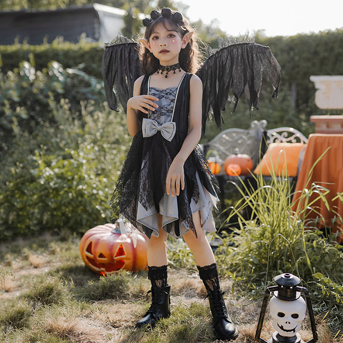 ハロウィン コスプレ 子供 悪魔 仮装 衣装 天使の羽 巫女 魔女 コスチューム ハロウィンコスプレ 小悪魔 魔法少女 女の子 可愛い ハロウィン仮装 コスプレ衣装 デビル ゾンビ 吸血鬼 ハロウィン衣装 110cm 150cm ブラック 黒 ロング レース ワンピース カチューシャ 羽根