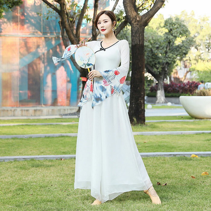ダンス衣装 トップス パンツ チャイナ風 ストレッチメッシュ長袖 トップス 花プリント シフォン ロング丈 パンツスカート ワイドパンツ ダンス レッスン着 セ...