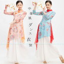 ダンス衣装 トップス パンツ チャイナ風 ストレッチメッシュ長袖 トップス 花プリント シフォン ロング丈 パンツスカート ワイドパンツ ダンス レッスン着 セ...