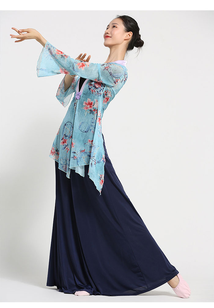 ダンス衣装 トップス パンツ チャイナ風 メッシュ 花柄プリント長袖 トップス ロング丈 シフォン パンツスカート ワイドパンツ ダンス レッスン着 セットアッ...