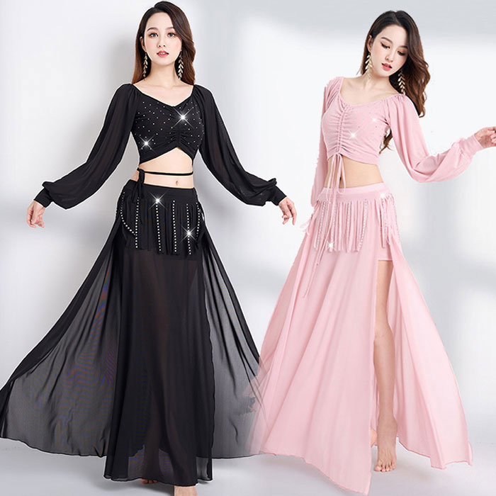 ベリーダンス 衣装 レッスン着 セットアップ 星屑 キラキラ おしゃれ ベリーダンス衣装 発表会 衣装 長袖 チョリ トップス Vネック スリットオーバー スパ...