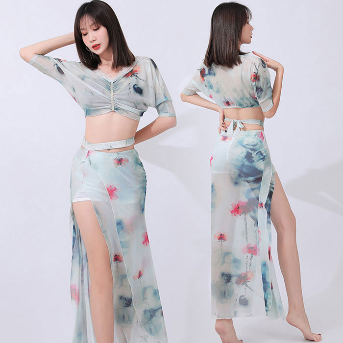 ベリーダンス 衣装 セット レッスン着 セットアップ おしゃれ 花柄 スリットオーバー スカート ロング丈 メッシュ 花柄 プリント ダンス衣装 ステージ衣装 ...