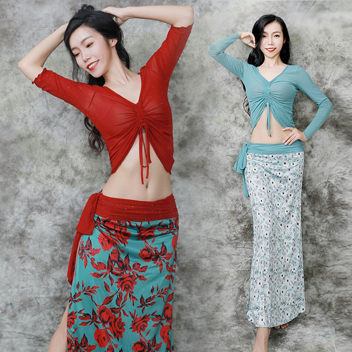 ベリーダンス 衣装 セット レッスン着 セットアップ 花柄 おしゃれ ダンス衣装 ヒップスカーフ スカート ストレッチ生地 トップス 長袖 上下セット ベリーダ...