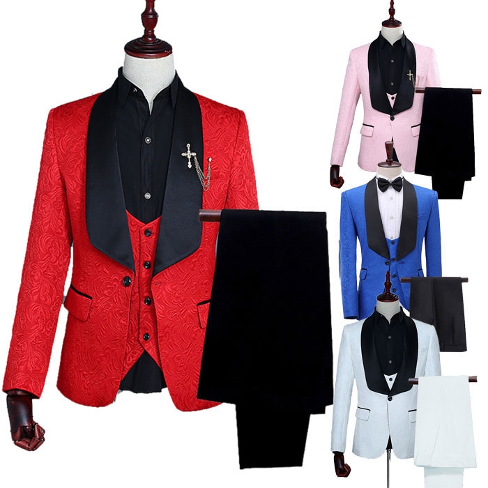 スーツ メンズ ベスト付き3点セット ブローチ付き 花柄 オシャレ 男性 セットアップ(ジャケット/パンツ/ベスト)ステージ衣装 メンズ パーティ 司会 カラオケ イベント コスプレ 衣装 ダンス衣装 発表会 新年会 忘年会 余興 衣装 舞台衣装 男性 大人用 おしゃれ メンズ 衣装
