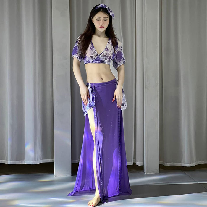 ベリーダンス 衣装 セット レッスン着 セットアップ おしゃれ 星屑 キラキラ メッシュ素材 Vネック スリットオーバー スカート ロング丈 おしゃれ ダンス衣...