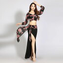 ベリーダンス 衣装 セットアップ レッスン着 可愛い 花柄 ストレッチメッシュ 長袖 Vネック へそ出し ショット丈 トップス スリット オーバー スカート ロ...