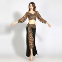 ベリーダンス 衣装 セットアップ レッスン着 セクシー ヒョウ柄 ストレッチメッシュ 長袖 Vネック へそ出し ショット丈 トップス スリット オーバー スカー...
