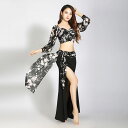ベリーダンス 衣装 セットアップ レッスン着 可愛い 花柄 ストレッチメッシュ 長袖 Vネック へそ出し ショット丈 トップス スリット オーバー スカート ロ...