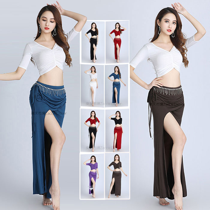 ベリーダンス 衣装 セットアップ レッスン着 無地 動きやすい ストレッチ生地 半袖 5分袖 へそ出し タイト ショット丈 トップス Vネック ロング丈 スカー...