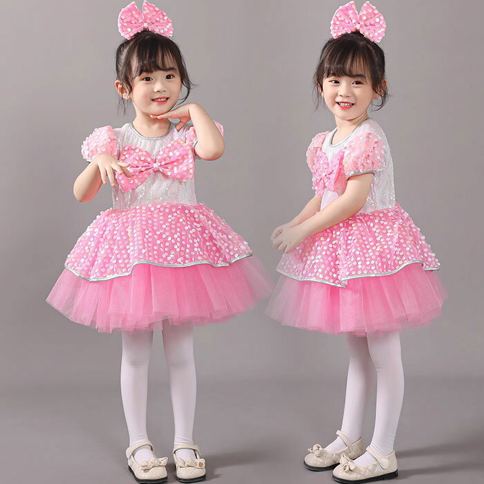 ダンス衣装 子供 キッズ ワンピース 半袖 可愛い キラキラ スパンコール チュチュスカート 大きいリボン おしゃれ 女の子 ダンス衣装 バレエ 発表会 舞台衣装 ステージ衣装 イベント 団体ダンス 110cm 120 130 140 150cm 大きいサイズ ピンク