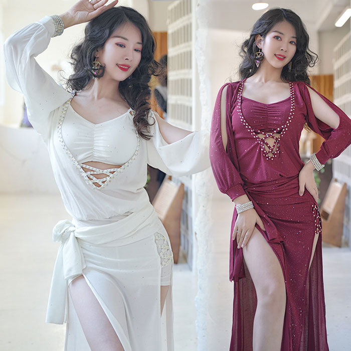 ベリーダンス衣装 ロング丈 ワンピース おしゃれ ストーン付きデザイン ワンピース 星屑 キラキラ ベリーダンス 衣装 ダンス レッスン着 長袖 スリット入り ...