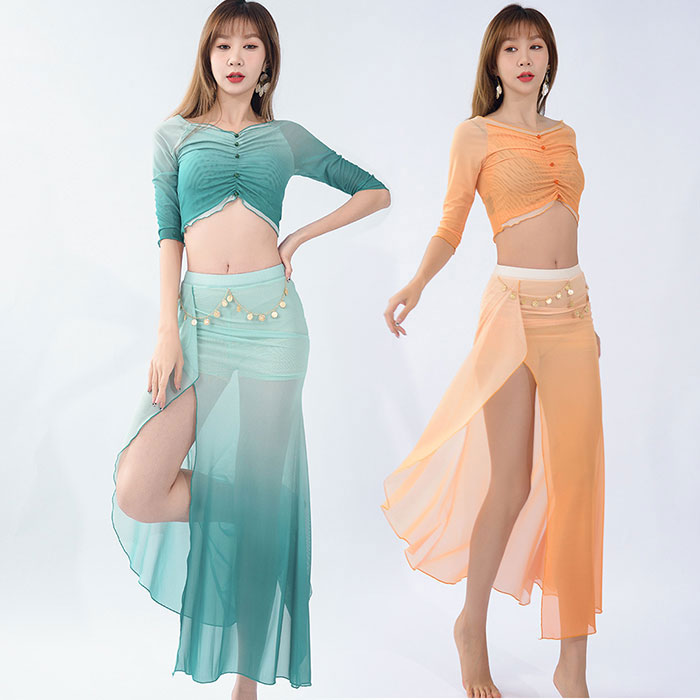 ベリーダンス衣装 セット衣装 美しい グラデーション かわいい ベリーダンス 衣装セット ロング丈 スカート スリット入り 7分袖 トップス おしゃれ ベリーダ...
