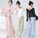 ダンス衣装 長袖 メッシュ トップス ロング丈 シフォン ガウチョパンツ ワイド パンツ フレアスカート 美しい 蝶 ふんわり シフォン パンツ ダンス レッス...