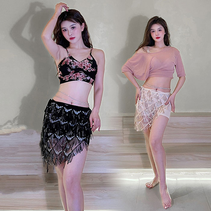 ベリーダンス 衣装 セット レッスン着 セットアップ スパンコール ショット丈 ヒップスカーフ インナーパンツ付き 胸パット付き ブラトップ ストレッチ 動きや...