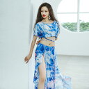 ベリーダンス衣装 セット衣装 メッシュ プリント 可愛い ベリーダンス 衣装セット インナーパンツ付き 華やか ロング丈 スカート ドルマンスリーブ トップス ...