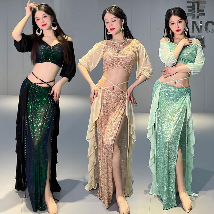 ベリーダンス衣装 セット衣装 華やか スパンコール キラキラ おしゃれ ベリーダンス 衣装セット ロング丈 スカート スリット入り 肩出し トップス 可愛い ベ...
