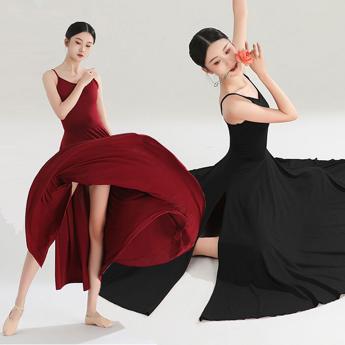 ダンス 衣装 キャミワンピース バレエ スカート ボリュームたっぷり広がる ロング丈 スカート スリット入り レディース ダンス衣装 おしゃれ レッド 黒 ブラック 黒 バレエ 舞台 ステージ 衣装 練習ウエア
