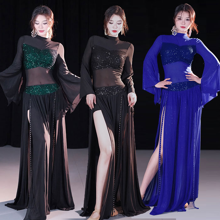 ベリーダンス衣装 セット衣装 華やか スパンコール キラキラ おしゃれ ベリーダンス 衣装セット ロング丈 スカート スリット入り 長袖 トップス 可愛い ベリ...