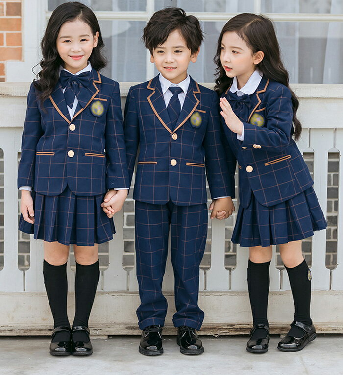 【女の子 スーツ】キッズ スーツ チェック柄 ネイビー 女の子 入学式 子供服 制服 受験 面接 キッズ フォーマル スーツ 5点セット ジャケット スカート シャツ 蝶タイ ワッペン 小学生 女子高生 100cm 110 120 130 140 150 160 170 180cm ピアノ 発表会 卒業式 卒園式 入園式