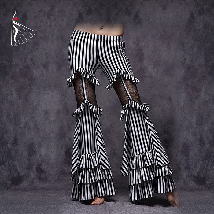 ダンスパンツ 裾フリルパンツ ブラック メッシュ ストライプ 社交ダンス パンツ・ベリーダンス パンツ・ピラティス ウェア・ダンスウェア・ダンス レディース ズボン 衣装 Belly Dance Pants アラビアン 衣装