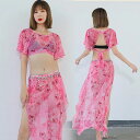 ベリーダンス 衣装 セット レッスン着 セットアップ おしゃれ 花柄 スリットオーバー スカート ロング丈 シフォン 花柄 プリント ダンス衣装 ステージ衣装 ...