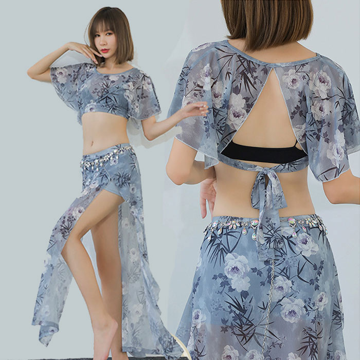 ベリーダンス 衣装 セット レッスン着 セットアップ おしゃれ 花柄 スリットオーバー スカート ロング丈 シフォン 花柄 プリント ダンス衣装 ステージ衣装 ...