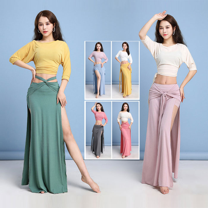 ベリーダンス 衣装 レッスン着 セットアップ トップス スカート 上下セット 練習着 ダンス衣装 ヒップスカーフ スカート レッスンウェア 半袖 ダンス トップ...