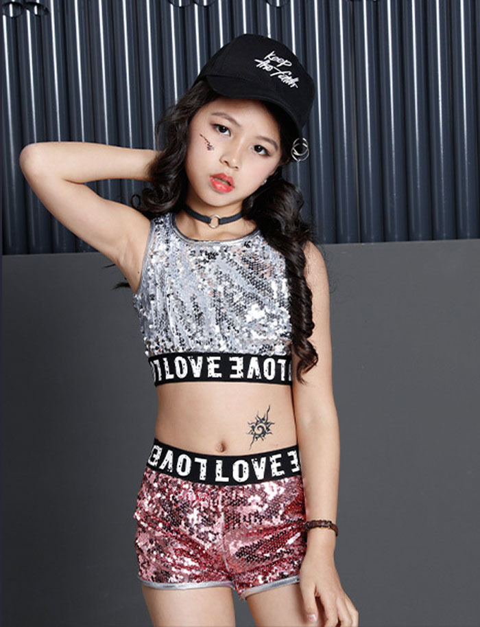 スパンコール ダンス 衣装 ヒップホップ キッズ タンクトップ ショートパンツ 2点セット キラキラ 子供 ステージ衣装 舞台衣装 ダンス 発表会 HIPHOP 110cm-180cm