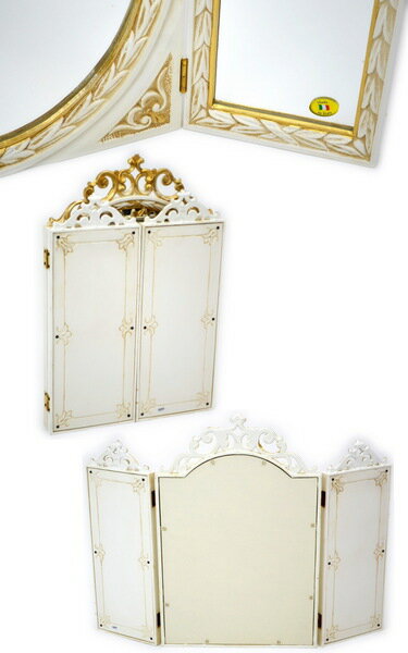 イタリア製 三面鏡 卓上ミラー アイボリー ゴールド テーブルミラー 置き型アンティーク おしゃれ コンパクト クラシック ロココ調 鏡 ヨーロッパ 高級感 インテリア 輸入雑貨 ギフト包装無料 あす楽 [2]