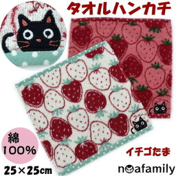 ノアファミリー タオルハンカチ レディース タオルハンカチ イチゴたま 25cm角 ピンク クリームnoa family 可愛い 黒猫 いちご柄 苺 柔らか ソフト タオル ハンカチ ギフト プレゼント 吸水性 猫柄 猫雑貨 猫グッズ ねこ ネコ キャット レディース ノアファミリー おしゃれ ギフト包装無料