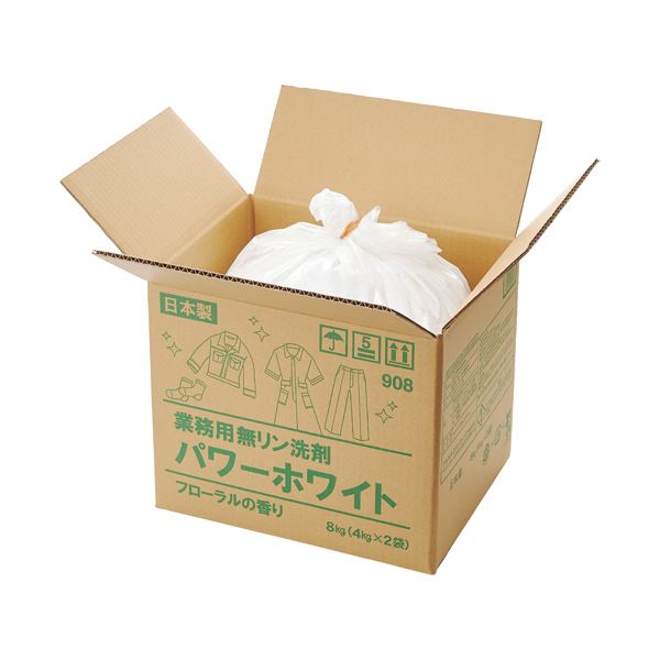 ■サイズ・色違い・関連商品■無リン洗剤パワーホワイト 8kg(4kg×2袋)[当ページ]■無リン洗剤パワーホワイト 漂白剤配合 8kg(4kg×2袋) 1■商品内容●ビニール入りだから捨てる手間を軽減!4kg×2袋入。●上下に2袋で入っています。■商品スペック洗剤の種類：粉末香り：フローラルの香り内容量：4kg標準使用量：水30Lに対し20gその他仕様：●業務用●生産国:日本備考：※内容量は1袋あたり。※計量スプーンは入っておりません。 【商品のリニューアルについて】メーカー都合により、予告なくパッケージデザインおよび仕様（香り等）が変わる場合がございます。予めご了承ください。■送料・配送についての注意事項●本商品の出荷目安は【1 - 5営業日　※土日・祝除く】となります。●お取り寄せ商品のため、稀にご注文入れ違い等により欠品・遅延となる場合がございます。●本商品は仕入元より配送となるため、沖縄・離島への配送はできません。[ 908 ]