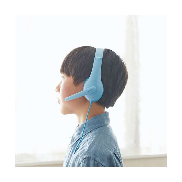 エレコム子ども用ヘッドセット 有線 4極ミニプラグ 両耳 マイクアーム付 ライトブルー HS-KD01TLBU 1個[21]