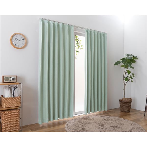 遮光カーテン 幅100cm×丈185cm 2枚 無地 ブルーグリーン 2級遮光 洗える 日本製 タッセル付き 形状記憶 防炎カーテン リビング[21]