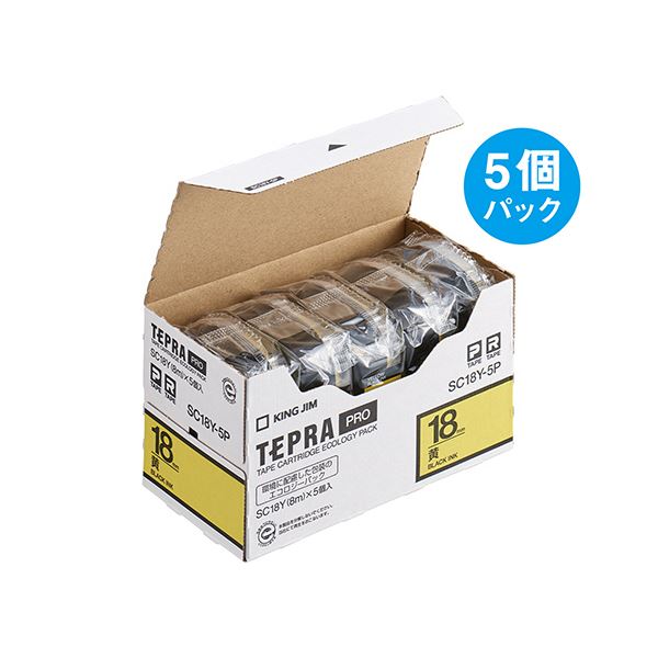 ■サイズ・色違い・関連商品関連商品の検索結果一覧はこちら■商品内容KING JIM テプラPROシリーズ。環境対応の簡易包装5本パック。■商品スペックテープ種類：カラーラベル(パステル)テープ幅：18mmテープ長さ：8mテープ色：黄文字色：黒■送料・配送についての注意事項●本商品の出荷目安は【1 - 5営業日　※土日・祝除く】となります。●お取り寄せ商品のため、稀にご注文入れ違い等により欠品・遅延となる場合がございます。●本商品は仕入元より配送となるため、沖縄・離島への配送はできません。[ SC18Y-5P ]