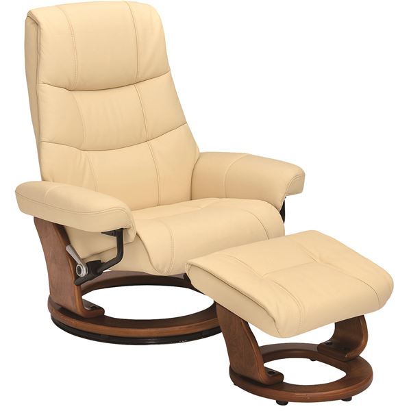 パーソナルチェア リクライニングチェア 幅82cm 1人掛け 本革 360度回転 リクライニング 肘付き 木製脚 オットマン アイボリー IV 組立品【代引不可】[21]