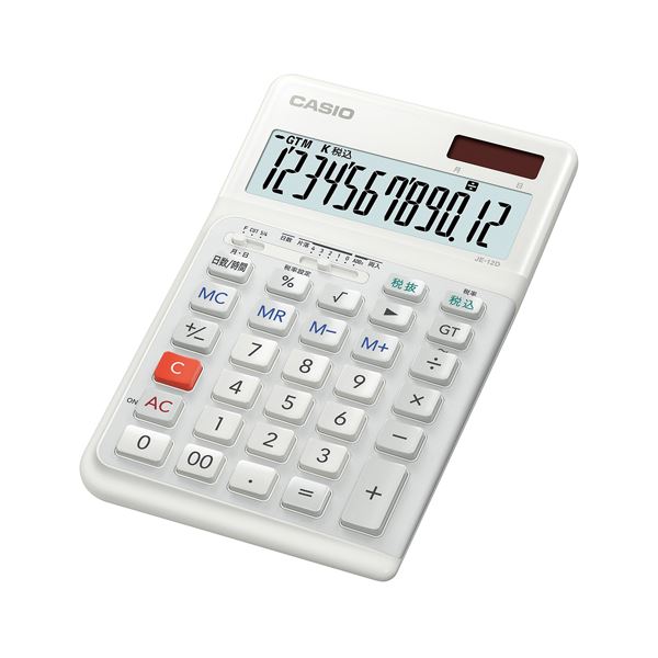 ■商品内容使う人の手の「動き」と「形」に寄り添った、打ちやすさ抜群の新構造。操作時の手や指の状態を人間工学により分析。打ちやすさを追求した新しい発想の電卓です。■商品スペック●外寸：幅111×奥177．5×高24．4mm●重量：210g●桁数：12桁●表示数字高：18．8mm●2メモリ●電源：太陽電池＋CR2025●ゴールド保証■送料・配送についての注意事項●本商品の出荷目安は【5 - 11営業日　※土日・祝除く】となります。●お取り寄せ商品のため、稀にご注文入れ違い等により欠品・遅延となる場合がございます。●本商品は仕入元より配送となるため、沖縄・離島への配送はできません。[ JE-12D-WE-N ]