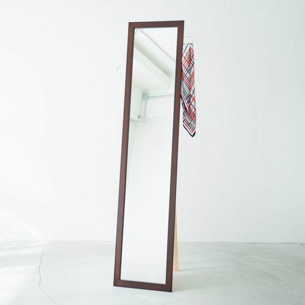 フック付きスタンドミラー(ブラウン/茶) 幅35cm 鏡/カガミ/姿見/全身鏡/木製/飛散防止加工/日本製/収納/ラック/ハンガー/北欧風/折りたたみ/SEN-021[21]