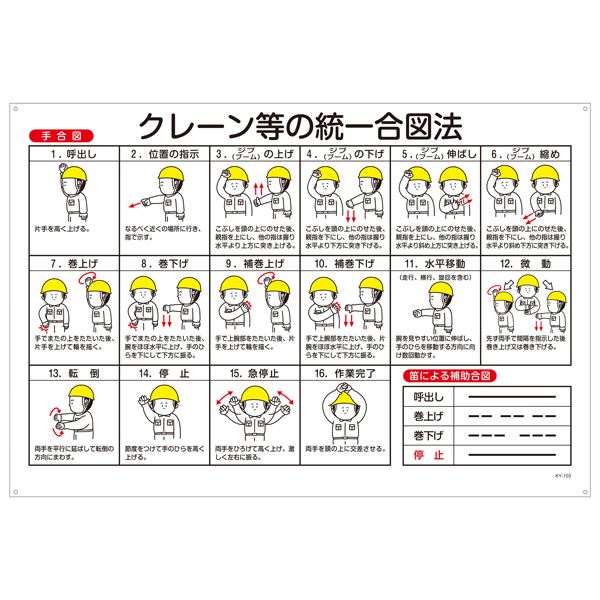 玉掛ワイヤーロープ標識 クレーン等の統一合図法 KY-103【代引不可】[21]