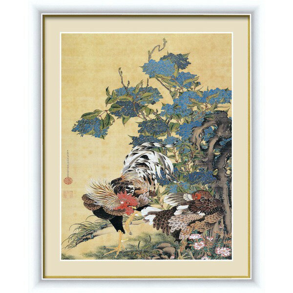 【若冲 鳳凰 旭日】【動植綵絵額】群鶏・白鳳・鶏■伊藤若冲 額装品（白）F4号 紫陽花双鶏図