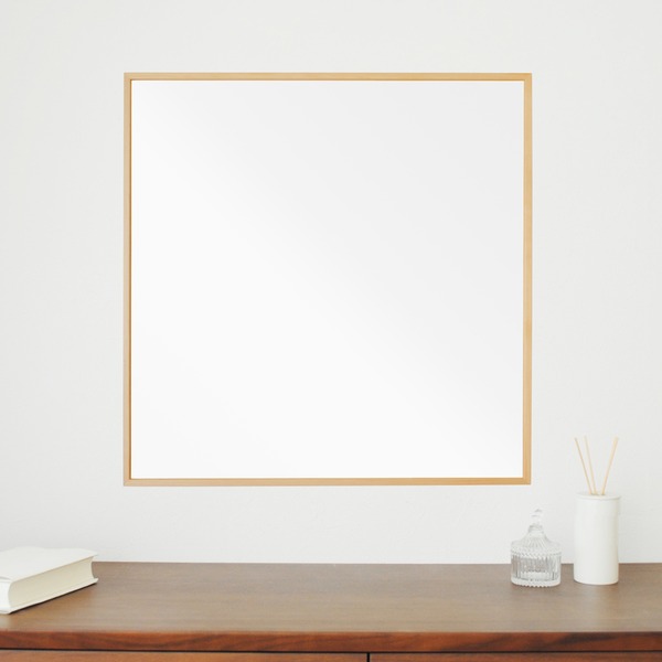 細枠正方形ウォールミラー幅60cm (ナチュラル) 天然木 鏡 スリム 高級感 木製 飛散防止加工 壁掛け オシャレ 北欧風 玄関 トイレ 洗面 日本製 完成品 NK-10[21]