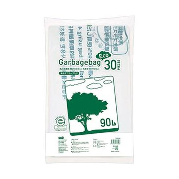 （まとめ）TANOSEE リサイクルポリ袋（エコデザイン）乳白半透明 90L 1パック（30枚）【×10セット】[21]
