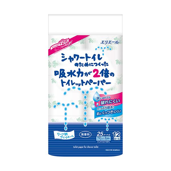 大王製紙 エリエール シャワートイレのためにつくった吸水力が2倍のトイレットペーパー ダブル 芯あり 25m 無香料 1セット（72ロール：12ロール×6パック）[21](3)