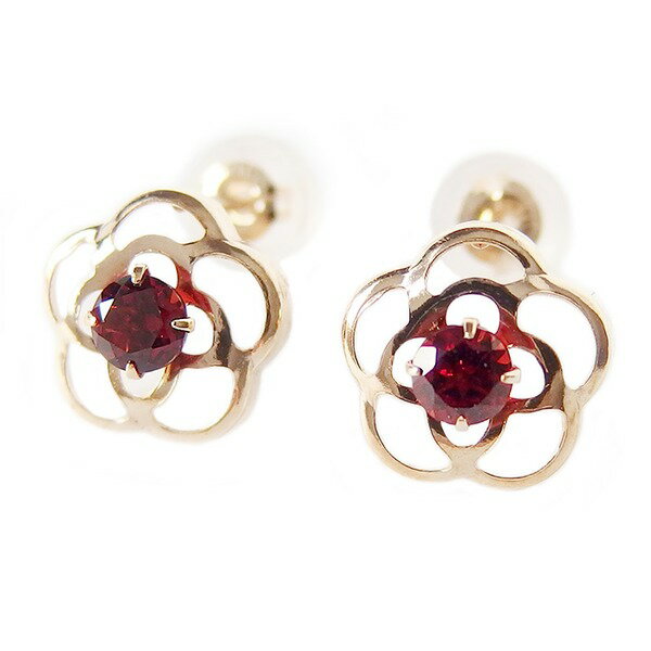 ピアス ガーネット K10 イエローゴールド 1月 誕生石 フラワーモチーフ 花 スタッド シンプル かわいい フラワー シリコン製ダブルロックキャッチ[21]