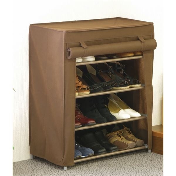 不織布カバー付き シューズラック/下駄箱 【4段】 幅60cm スチールフレーム 大容量 ロングブーツ収納可 ブラウン[21]