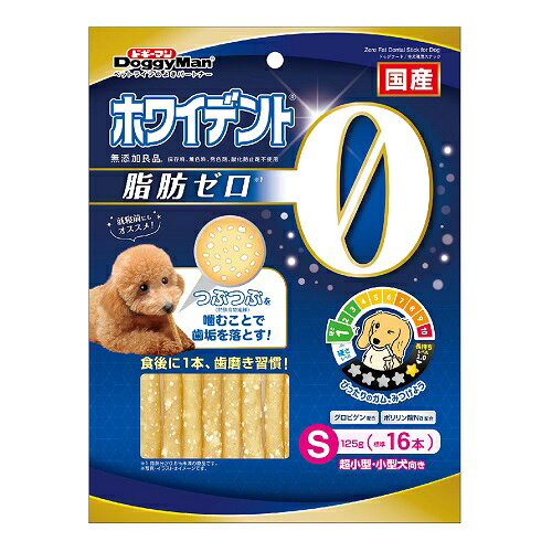 ※商品リニューアル等によりパッケージ及び容量等は変更となる場合があります。ご了承ください。【商品説明】●脂肪分を気にせず、毎日続けられる食べるデンタルケア！●つぶつぶ（特殊食物繊維）をくり返し噛むことで、歯垢をこすり落とす！●おくちの健康を維持する成分配合：特殊卵黄成分（グロビゲン）・ポリリン酸ナトリウム●無添加良品 保存料、着色料、発色剤、酸化防止剤不使用●超小型・小型犬向きドッグフード/全犬種用スナック(国産)●標準16本入り(重量で管理しているため、標準本数（16本）は目安です。)【原材料】鶏ササミ、糖類、タピオカでん粉、豚ゼラチン、調味料、卵黄粉末（グロビゲン）、加工でん粉、グリセリン、食物繊維（セルロース）、増粘安定剤（増粘多糖類、メチルセルロース）、トレハロース、ソルビトール、ミネラル類（ナトリウム）、ポリリン酸ナトリウム【成分】粗たん白質・・・5.0％以上粗脂肪・・・0.1％以上（0.5％未満）粗繊維・・・6.5％以下粗灰分・・・3.5％以下水分・・・23.0％以下エネルギー(100g当たり)・・・330kcal【製造国又は原産国】日本【発売元、販売元又は製造元】ドギーマンハヤシ株式会社【広告文責】株式会社ザグザグ