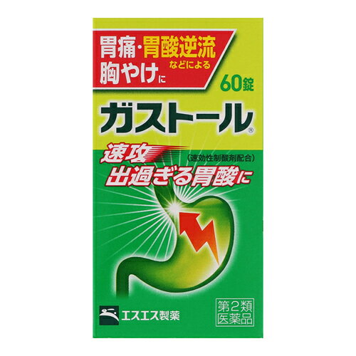※商品リニューアル等によりパッケージ及び容量等は変更となる場合があります。ご了承ください。【商品説明】ピレンゼピン塩酸塩水和物を配合した胃酸分泌抑制型の胃腸薬です。 まず、制酸剤が出すぎた胃酸をすみやかに中和し、胃粘膜を保護します。次に、ピレンゼピン塩酸塩水和物が出すぎる胃酸の分泌を抑え、胃痛・胸やけなどの症状を改善します。胃痛・胃もたれ・胸やけといった症状によく効きます。【成分・分量】9錠（1日量）中[成分・・・分量・・・はたらき]ピレンゼピン塩酸塩水和物〈M1ブロッカー〉（ピレンゼピン塩酸塩無水物として45mg）・・・47.1mg・・・胃酸分泌を促進するM1受容体をブロックし、過剰な胃酸を抑えます。メタケイ酸アルミン酸マグネシウム・・・900mg・・・胃酸を中和するとともに胃粘膜を保護します。炭酸水素ナトリウム・・・1,200mg・・・出過ぎてしまった胃酸を中和します。ビオヂアスターゼ2000・・・0mg・・・食物の消化を促します。添加物：カルメロースCa、無水ケイ酸、セルロース、乳糖、ステアリン酸Mg【効能・効果】●胃痛、胸やけ、胃酸過多、胸つかえ、げっぷ●胃もたれ、胃重、胃部不快感、胃部膨満感●はきけ（むかつき、胃のむかつき、二日酔・悪酔のむかつき、嘔気、悪心）、嘔吐、飲み過ぎ●食べ過ぎ、消化不良、消化不良による胃部・腹部膨満感、消化促進、食欲不振【用法・用量】次の1回量を1日3回、毎食後に水又はぬるま湯で服用してください。[年齢・・・1回量]成人(15才以上)・・・3錠15才未満・・・×服用しないこと＜用法・用量に関連する注意＞用法・用量を厳守してください。【商品区分】第2類医薬品・日本製【使用上の注意】●してはいけないこと（守らないと現在の症状が悪化したり、副作用・事故が起こりやすくなります。）1. 次の人は服用しないでください(1) 本剤又は本剤の成分によりアレルギー症状を起こしたことがある人。(2) 妊婦又は妊娠していると思われる人。(3) 透析療法を受けている人。2. 本剤を服用している間は、次のいずれの医薬品も服用しないでください胃腸鎮痛鎮痙薬、乗物酔い薬3. 服用後、乗物又は機械類の運転操作をしないでください（目のかすみ、異常なまぶしさ等の症状があらわれることがあります。）4. 長期連用しないでください●相談すること1. 次の人は服用前に医師、薬剤師又は医薬品登録販売者に相談してください(1) 医師の治療を受けている人。(2) 授乳中の人。(3) 高齢者。(4) 薬などによりアレルギー症状を起こしたことがある人。(5) 次の症状のある人。 排尿困難(6) 次の診断を受けた人。 緑内障、腎臓病2. 服用後、次の症状があらわれた場合は副作用の可能性があるので、直ちに服用を中止し、この説明書を持って医師、薬剤師又は医薬品登録販売者に相談してください[関係部位・・・症状]皮膚・・・発疹・発赤、かゆみ消化器・・・吐き気、胃部膨満感循環器・・・動悸泌尿器・・・排尿困難その他・・・目のかすみまれに下記の重篤な症状が起こることがあります。その場合は直ちに医師の診療を受けてください。[症状の名称・・・症状]アナフィラキシー様症状・・・服用後すぐに、皮膚のかゆみ、じんましん、声のかすれ、くしゃみ、のどのかゆみ、息苦しさ等があらわれる。無顆粒球症・・・突然の高熱、さむけ、のどの痛み等があらわれる。3. 服用後、次の症状があらわれることがあるので、このような症状の持続又は増強が見られた場合には、服用を中止し、この説明書を持って医師、薬剤師又は医薬品登録販売者に相談してください口のかわき、便秘、下痢4. 2週間位服用しても症状がよくならない場合は服用を中止し、この説明書を持って医師、薬剤師又は医薬品登録販売者に相談してください【保管及び取扱いの注意】1. 直射日光の当たらない湿気の少ない涼しい所にビンのフタをよくしめて保管してください。2. 小児の手の届かない所に保管してください。3. 他の容器に入れ替えないでください。（誤用の原因になったり品質が変わることがあります。）4. ビンの中のつめ物は、輸送中に錠剤が破損するのを防ぐためのものです。開封後は不要となりますので取り除いてください。5. 使用期限をすぎたものは服用しないでください。【製造販売元】エスエス製薬株式会社東京都中央区日本橋浜町2-12-4＜お問合せ先＞エスエス製薬株式会社 お客様相談室0120-028-193受付時間：9時から17時30分まで（土、日、祝日を除く）【広告文責】株式会社ザグザグ（086-207-6300）