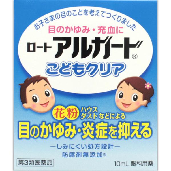 ※商品リニューアル等によりパッケージ及び容量等は変更となる場合があります。ご了承ください。【商品説明】花粉などによるお子さまのつらい目のかゆみ、充血を抑える眼科用薬です。いつでも、どこでも、スムーズに点眼できるフリーアングルノズルなので、簡単にアイケアができて、とっても便利です。ワンタッチ式スクリューキャップ採用で、開ける時は左に1回カチッと回し、閉める時も右に1回カチッと回すだけ。お子さまでも簡単便利に使用できます。 無香料・無着色。防腐剤(ベンザルコニウム塩化物、パラベン)無添加。 【成分・分量】【有効成分 ： 配合量】グリチルリチン酸二カリウム ： 0.1%クロルフェニラミンマレイン酸塩 ： 0.03%ビタミンB6(ピリドキシン塩酸塩) ： 0.05%L-アスパラギン酸カリウム ： 0.2%＜添加物＞ホウ酸、ホウ砂、ハッカ油、エデト酸Na、ポリソルベート80、pH調節剤※防腐剤(ベンザルコニウム塩化物、パラベン)を配合していません。【効能・効果】目のかゆみ、結膜充血、眼瞼炎(まぶたのただれ)、目のかすみ(目やにの多いときなど)、眼病予防(水泳のあと、ほこりや汗が目に入ったときなど)、紫外線その他の光線による眼炎(雪目など)、目の疲れ、ハードコンタクトレンズを装着しているときの不快感【用法・用量】15才未満 1回1-3滴、1日5-6回点眼してください。【用法・用量に関連する注意】(1)小児に使用させる場合には、保護者の指導監督のもとに使用させてください。(2)容器の先を目やまぶた、まつ毛に触れさせないでください。(汚染や異物混入(目やにやホコリ等)の原因となる)また、混濁したものは使用しないでください。(3)ソフトコンタクトレンズを装着したまま使用しないでください。(4)点眼用にのみご使用ください。【商品区分】第3類医薬品・日本製【使用上の注意】●相談すること1.次の人は使用前に医師、薬剤師又は医薬品登録販売者にご相談ください。(1)医師の治療を受けている人(2)薬などによりアレルギー症状を起こしたことがある人(3)次の症状のある人：はげしい目の痛み(4)次の診断を受けた人：緑内障2.使用後、次の症状があらわれた場合は副作用の可能性があるので、直ちに使用を中止し、この説明書を持って医師、薬剤師又は医薬品登録販売者にご相談ください。【関係部位・・・症状】皮ふ・・・発疹・発赤、かゆみ目・・・充血、かゆみ、はれ、しみて痛い3.次の場合は使用を中止し、この説明書を持って医師、薬剤師又は医薬品登録販売者にご相談ください。(1)目のかすみが改善されない場合(2)2週間位使用しても症状がよくならない場合 【保管及び取扱いの注意】(1)直射日光の当たらない涼しい所に密栓して保管してください。品質を保持するため、自動車内や暖房器具の近くなど、高温の場所(40度以上)に放置しないでください。(2)キャップを閉める際は、カチッとするまで回して閉めてください。(3)小児の手の届かない所に保管してください。(4)他の容器に入れ替えないでください。(誤用の原因になったり品質が変わる)(5)他の人と共用しないでください。(6)使用期限(外箱に記載)を過ぎた製品は使用しないでください。なお、使用期限内であっても一度開封した後は、なるべく早くご使用ください。(7)保存の状態によっては、成分の結晶が容器の先やキャップの内側につくことがあります。その場合には清潔なガーゼ等で軽くふきとってご使用ください。(8)容器に他の物を入れて使用しないでください。(9)誤用をさけるため、使用済みの空容器は捨ててください。※目がかゆい時はまぶたをこすったり、刺激をくわえないようご注意ください。【製造販売元】ロート製薬株式会社大阪市生野区巽西1-8-1＜お問い合わせ先＞ロート製薬株式会社 お客さま安心サポートデスク東京：03-5442-6020　大阪：06-6758-1230受付時間：9：00〜18：00（土、日、祝日を除く）【広告文責】株式会社ザグザグ（086-207-6300）