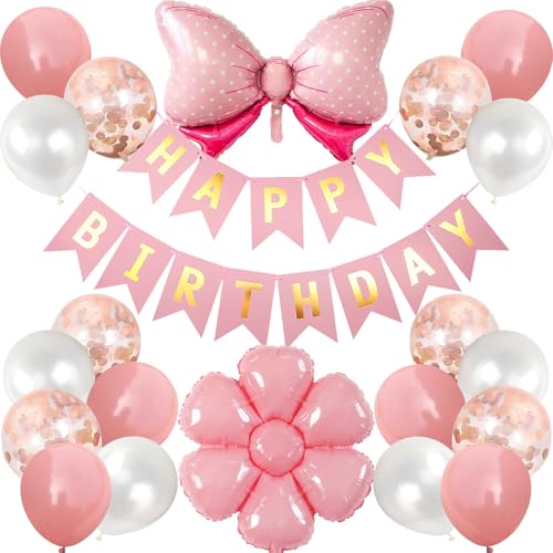Lausatek バルーン 誕生日 風船セット 飾り付け HAPPY BIRTHDAY ガーランド 蝶結び フラワー 飾り バースデー サプライズ 記念日 お祝い 可愛い ピンク